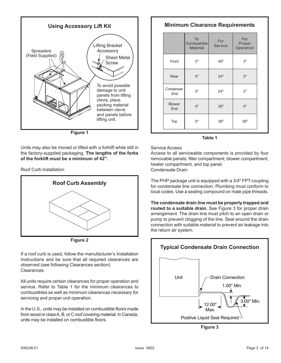 Using accessory lift kit, Roof curb assembly, Minimum clearance requirements | Typical condensate drain connection | Allied Air Enterprises (2 User Manual | Page 3 / 14