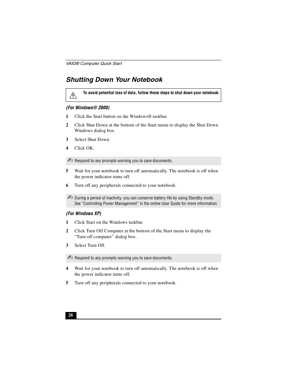 Shutting down your notebook | Sony PCG-GRX560 User Manual | Page 28 / 56