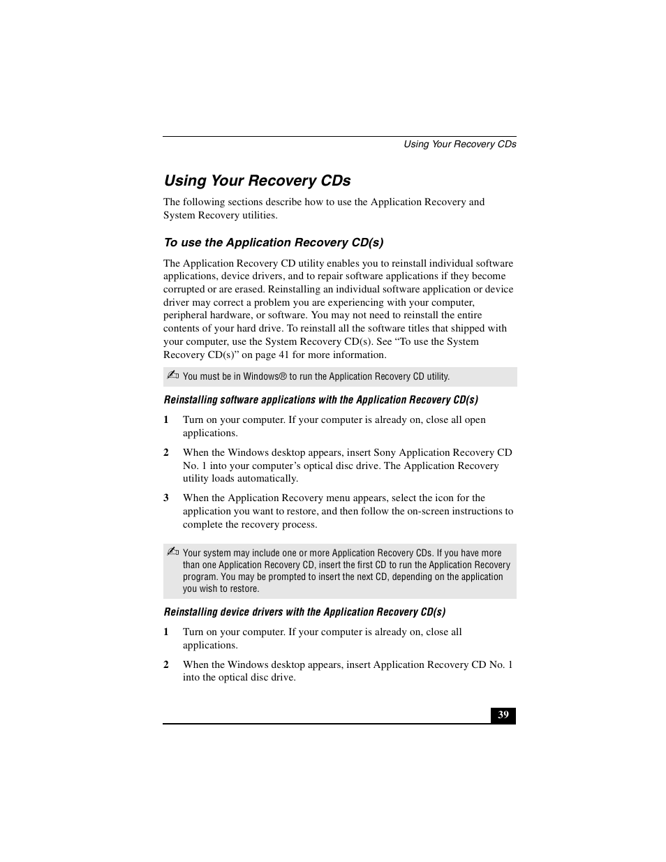 Using your recovery cds | Sony PCG-GRX560 User Manual | Page 39 / 56