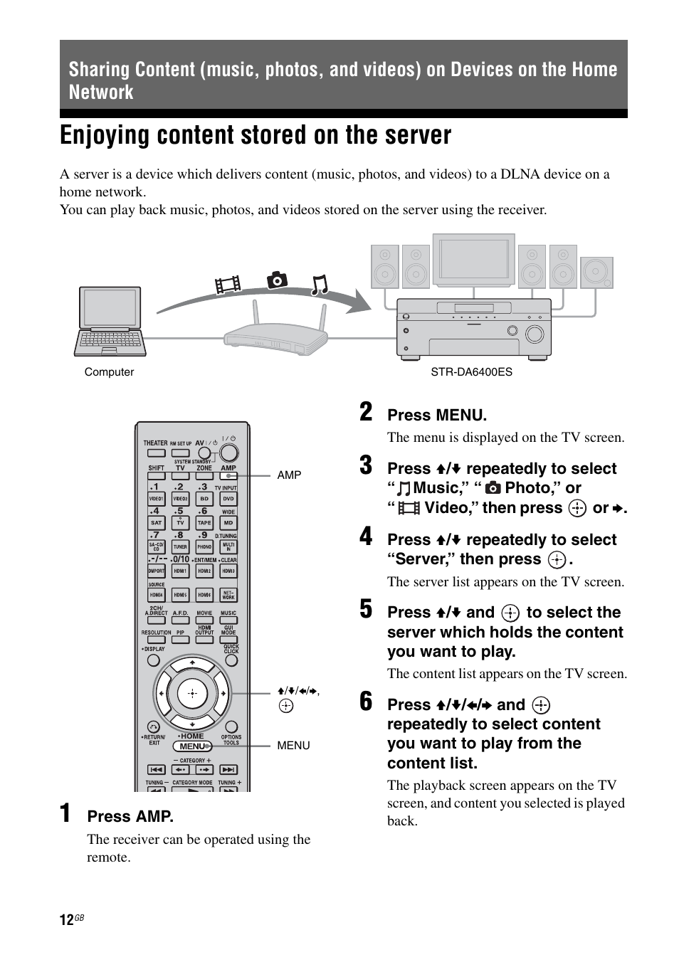 Enjoying content stored on the server | Sony STR-DA6400ES User Manual | Page 12 / 46