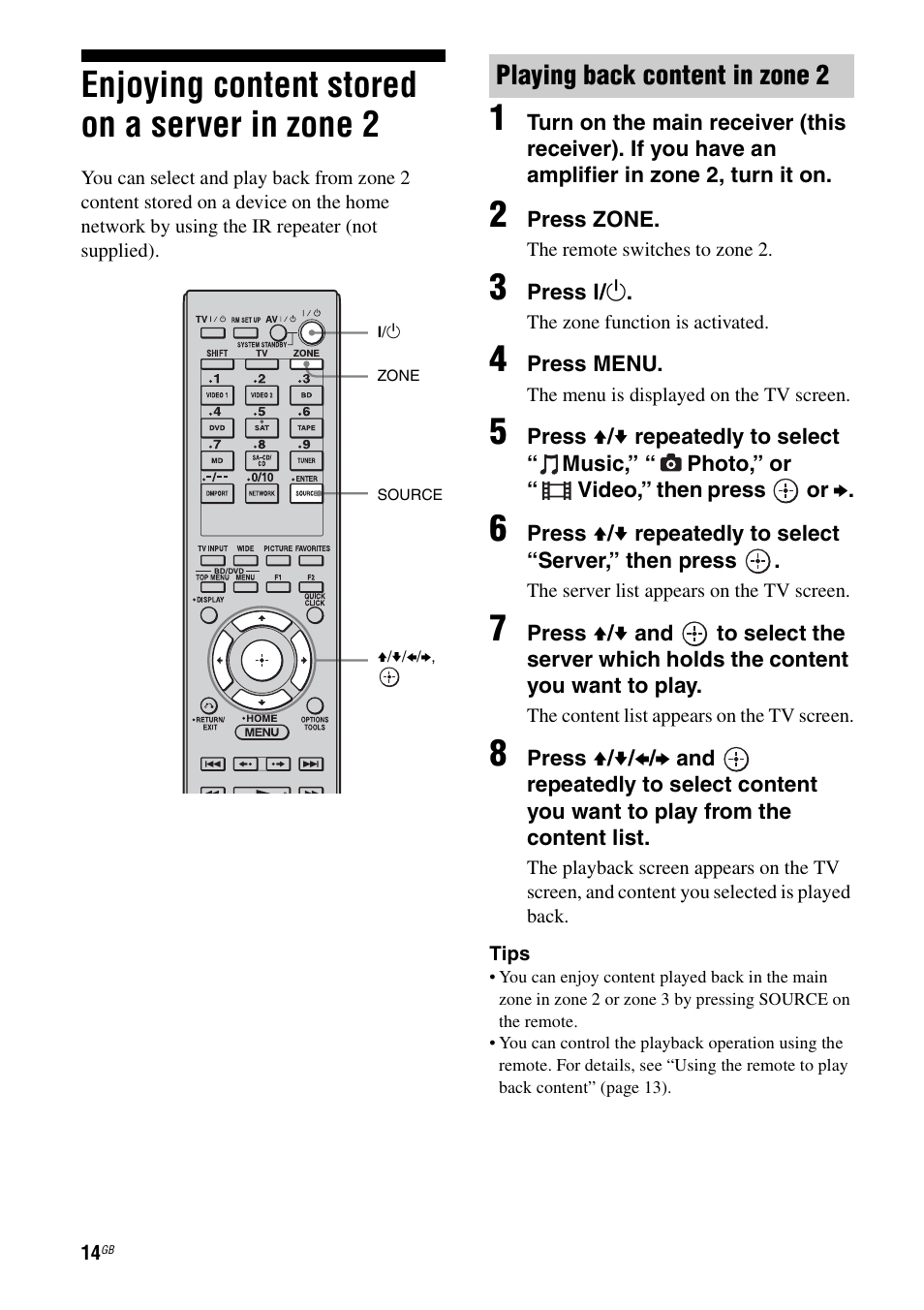 Enjoying content stored on a server in zone 2, Enjoying content stored on a server in, Zone 2 | Playing back content in zone 2 | Sony STR-DA6400ES User Manual | Page 14 / 46