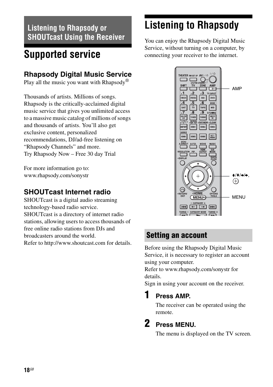Supported service, Listening to rhapsody, Supported service listening to rhapsody | Sony STR-DA6400ES User Manual | Page 18 / 46