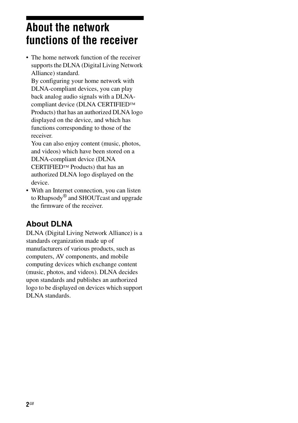 About the network functions of the receiver, About dlna | Sony STR-DA6400ES User Manual | Page 2 / 46