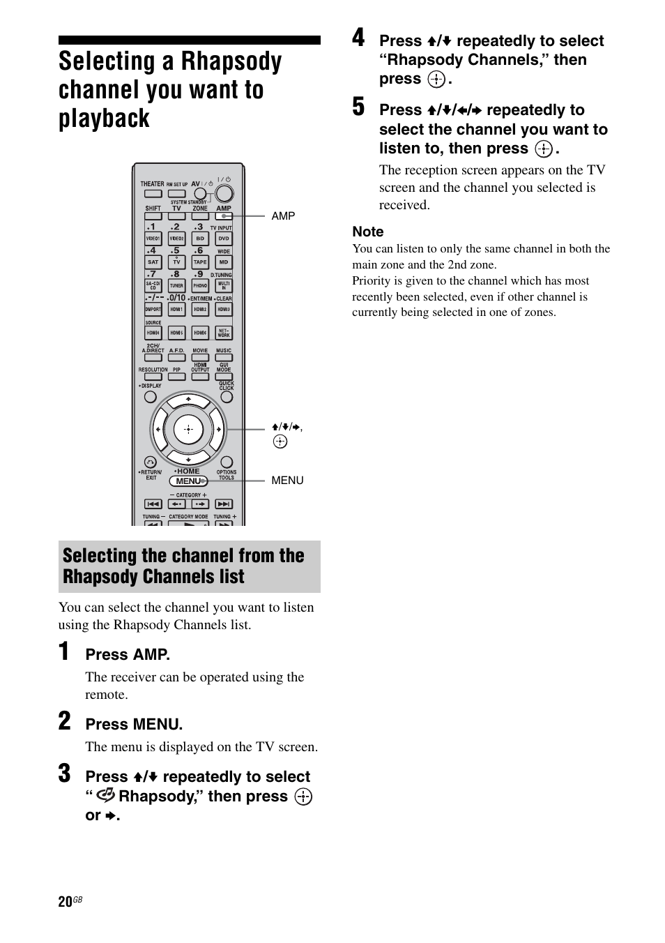 Selecting a rhapsody channel you want to playback, Selecting a rhapsody channel you want to, Playback | Sony STR-DA6400ES User Manual | Page 20 / 46