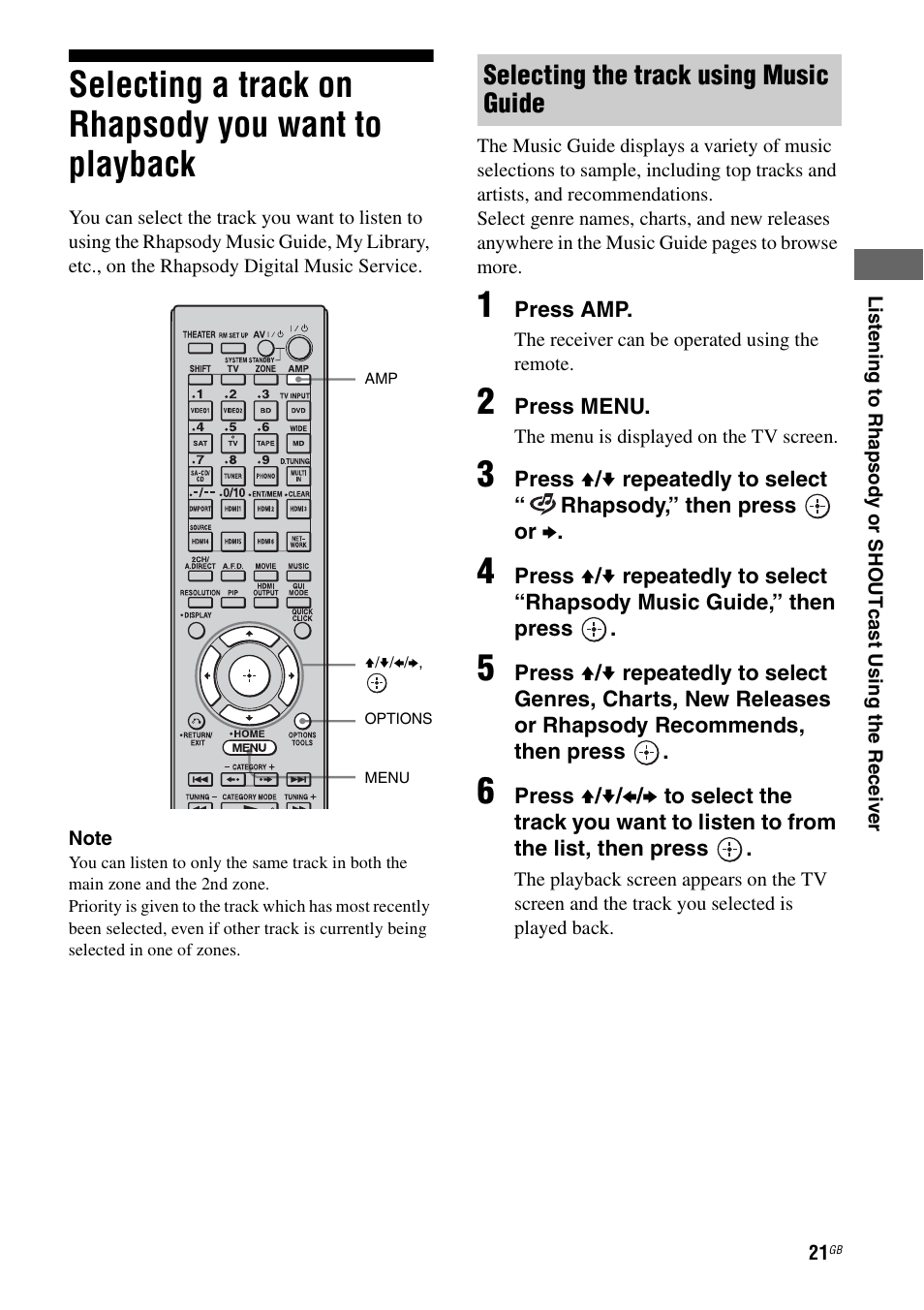 Selecting a track on rhapsody you want to playback, Selecting a track on rhapsody you want to, Playback | Selecting the track using music guide | Sony STR-DA6400ES User Manual | Page 21 / 46