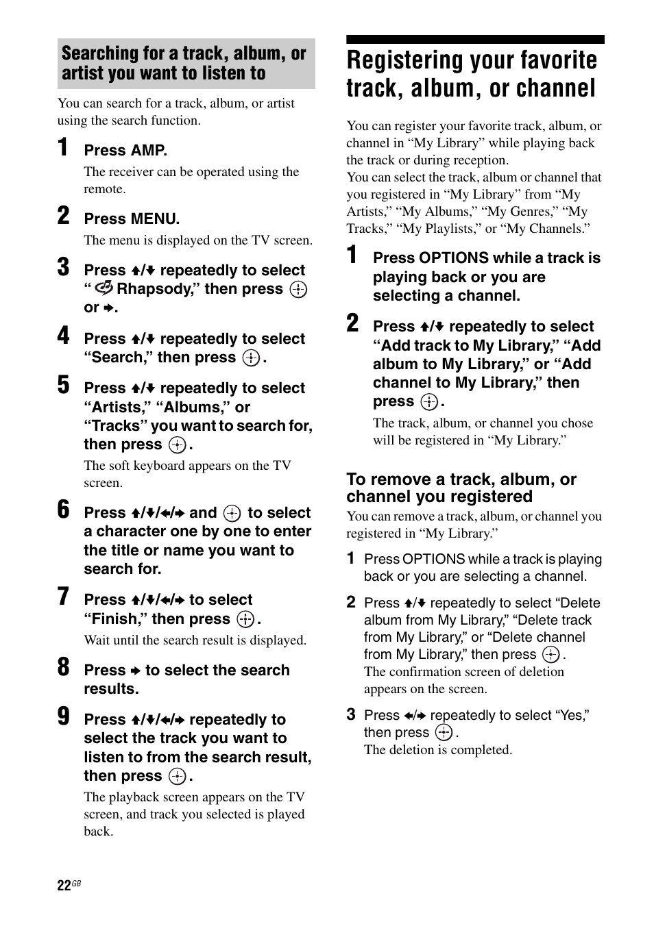 Registering your favorite track, album, or channel, Registering your favorite track, album, or, Channel | Sony STR-DA6400ES User Manual | Page 22 / 46