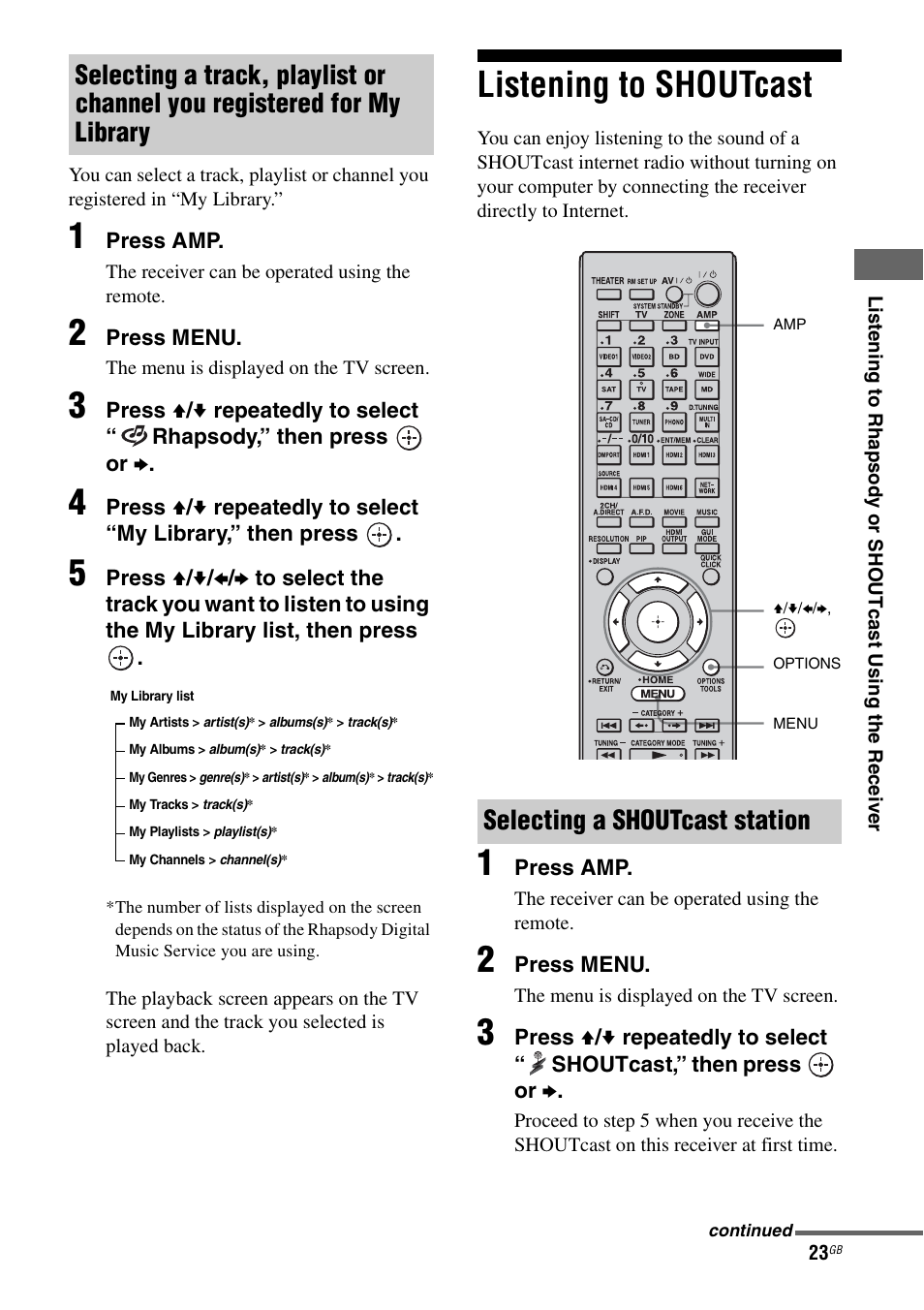 Listening to shoutcast, Selecting a shoutcast station | Sony STR-DA6400ES User Manual | Page 23 / 46