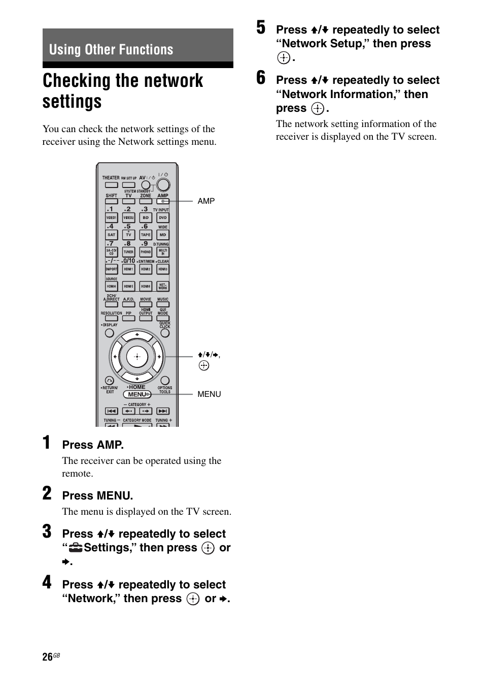 Using other functions, Checking the network settings | Sony STR-DA6400ES User Manual | Page 26 / 46