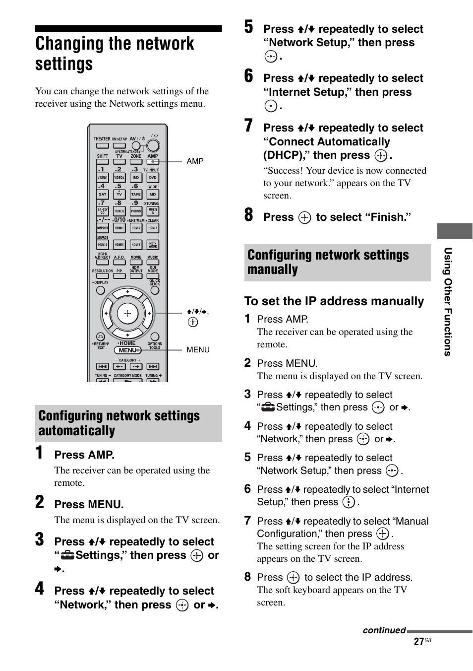 Changing the network settings, Configuring network settings automatically, Configuring network settings manually | Sony STR-DA6400ES User Manual | Page 27 / 46