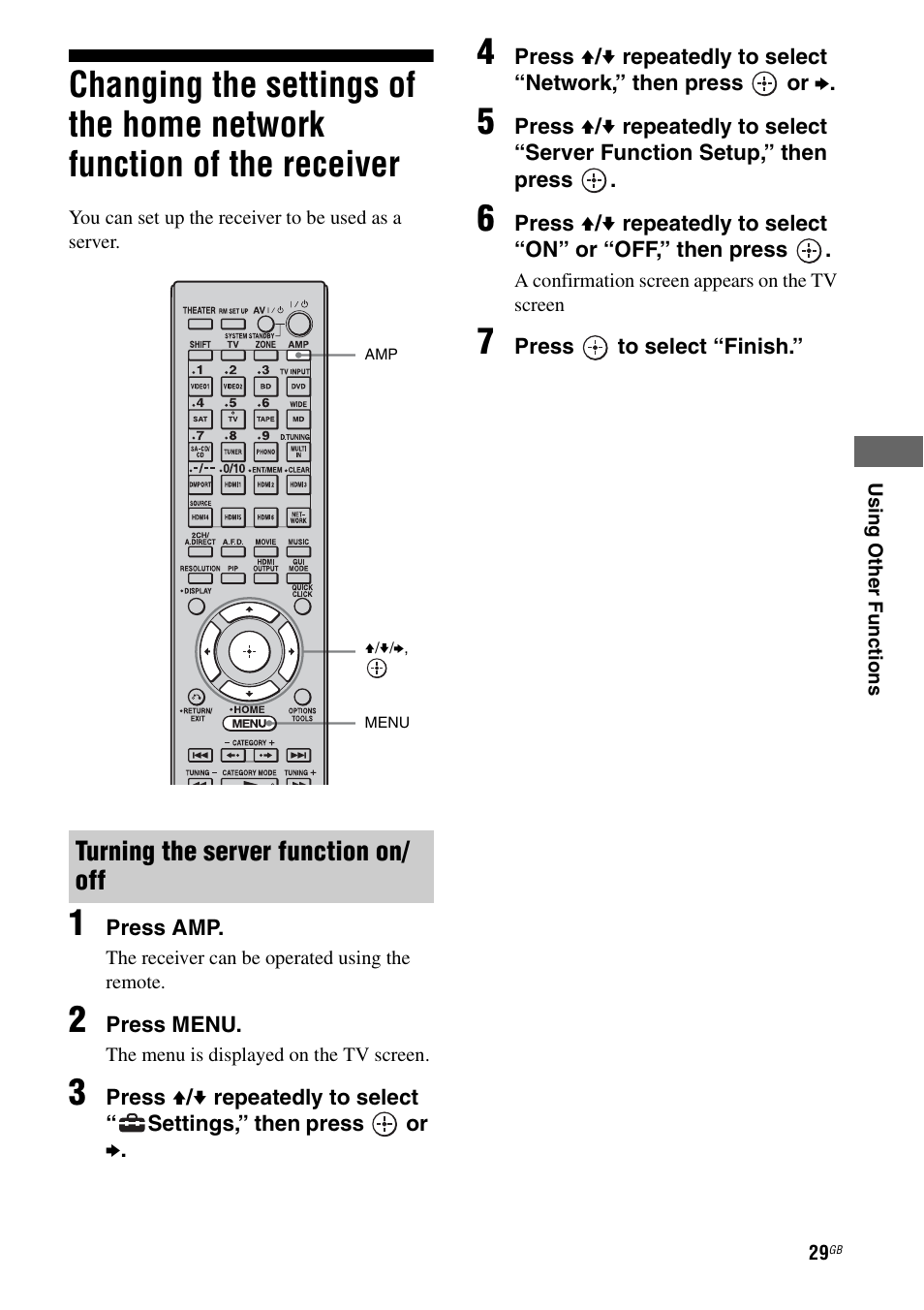 Changing the settings of the home network, Function of the receiver, Turning the server function on/ off | Sony STR-DA6400ES User Manual | Page 29 / 46