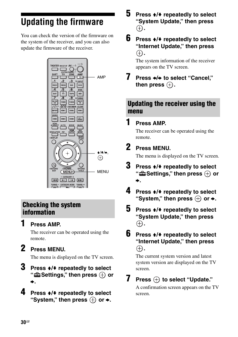 Updating the firmware | Sony STR-DA6400ES User Manual | Page 30 / 46