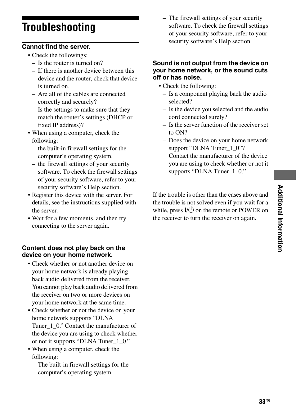 Troubleshooting | Sony STR-DA6400ES User Manual | Page 33 / 46