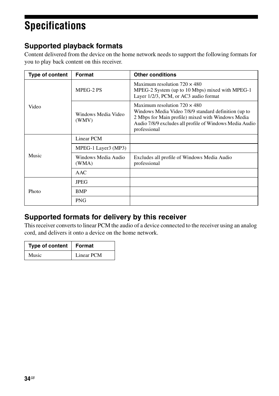 Specifications, Supported playback formats, Supported formats for delivery by this receiver | Sony STR-DA6400ES User Manual | Page 34 / 46