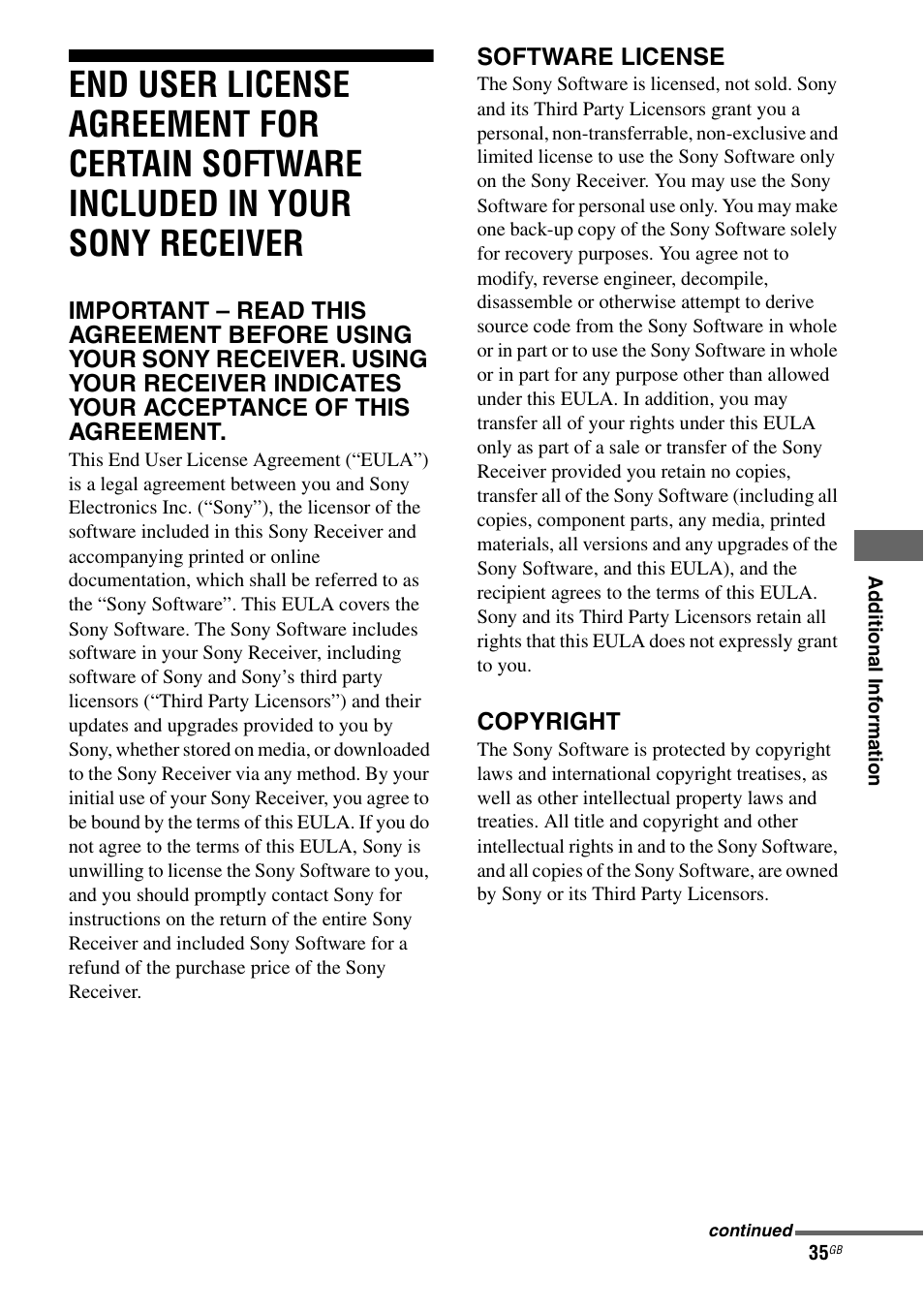 End user license agreement for certain, Software included in your sony receiver, Software license | Copyright | Sony STR-DA6400ES User Manual | Page 35 / 46