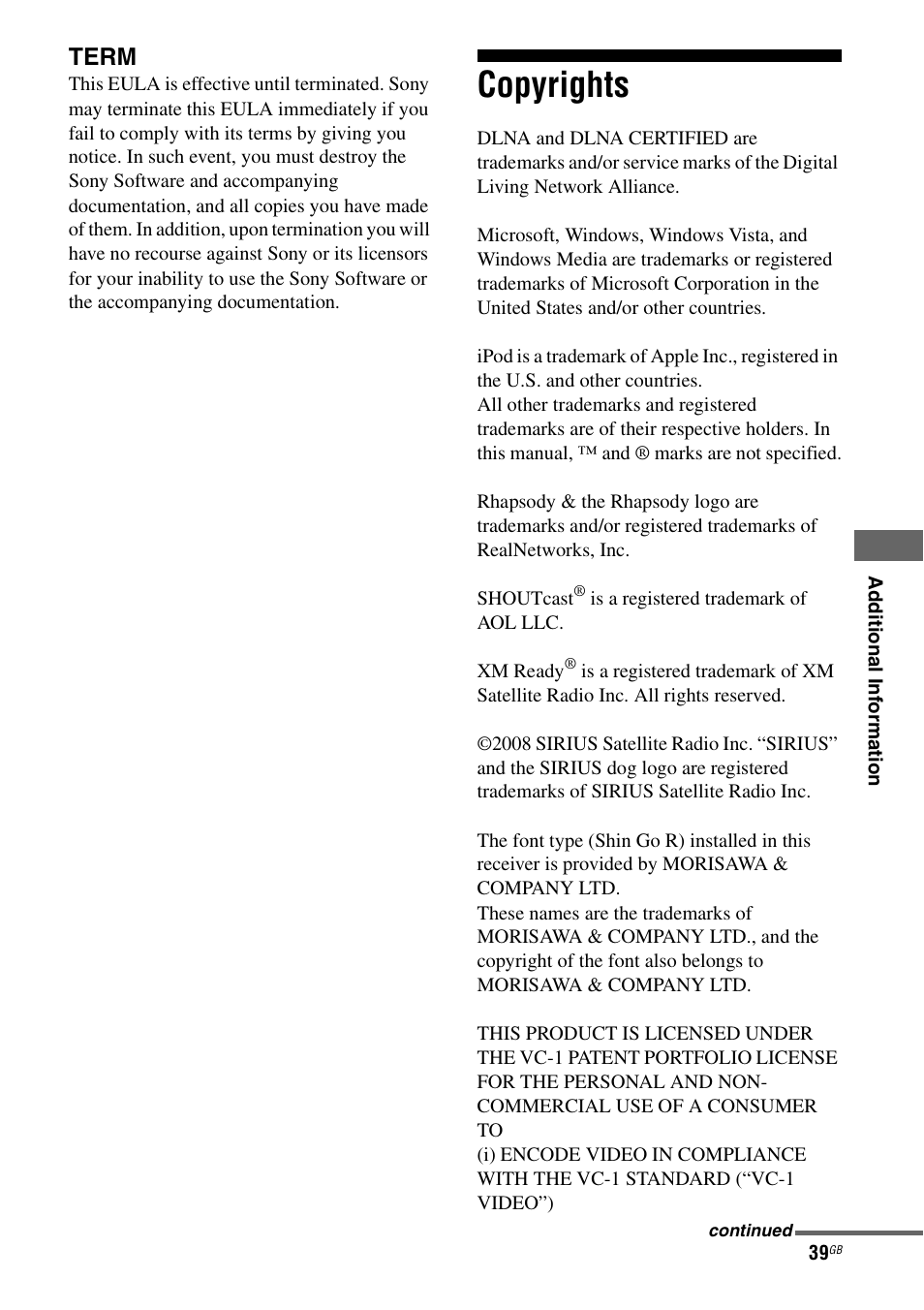 Copyrights, Term | Sony STR-DA6400ES User Manual | Page 39 / 46