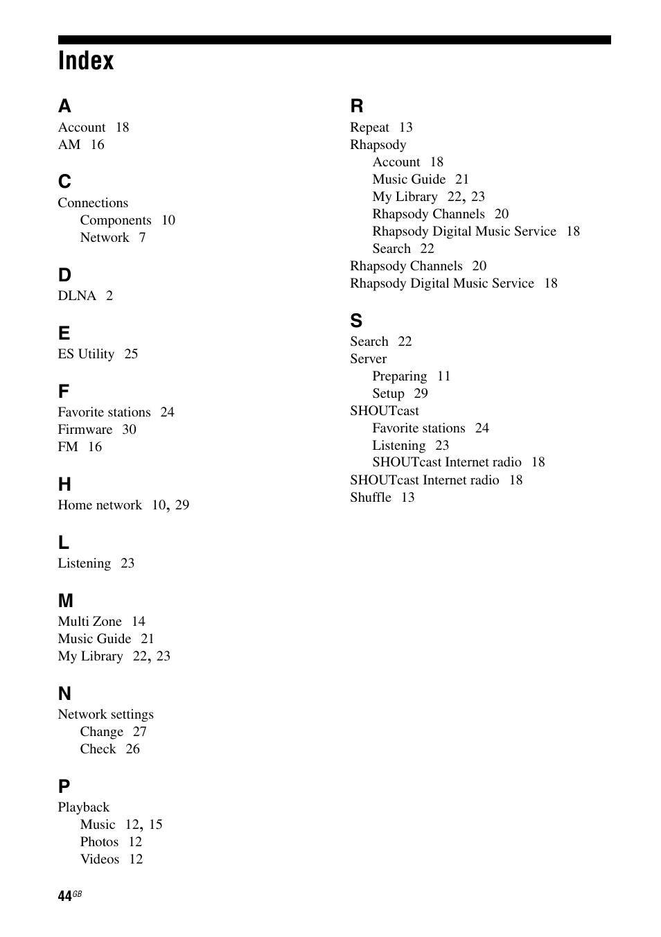 Index | Sony STR-DA6400ES User Manual | Page 44 / 46