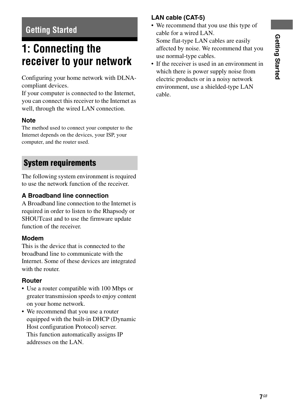 Getting started, Connecting the receiver to your network, Connecting the receiver to your | Network, Getting started system requirements | Sony STR-DA6400ES User Manual | Page 7 / 46