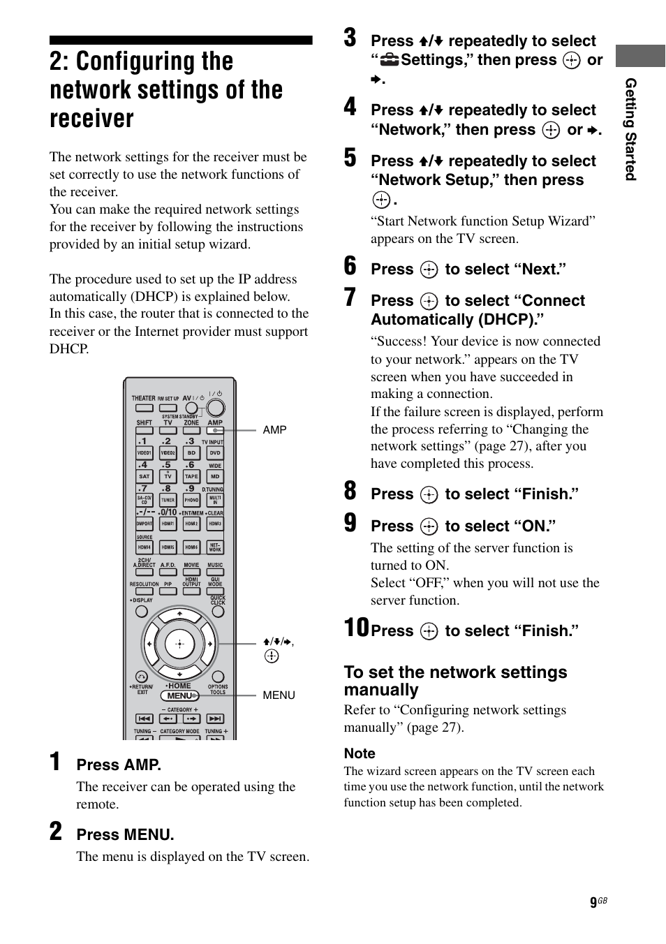 Configuring the network settings of the receiver, Configuring the network settings of the, Receiver | Sony STR-DA6400ES User Manual | Page 9 / 46