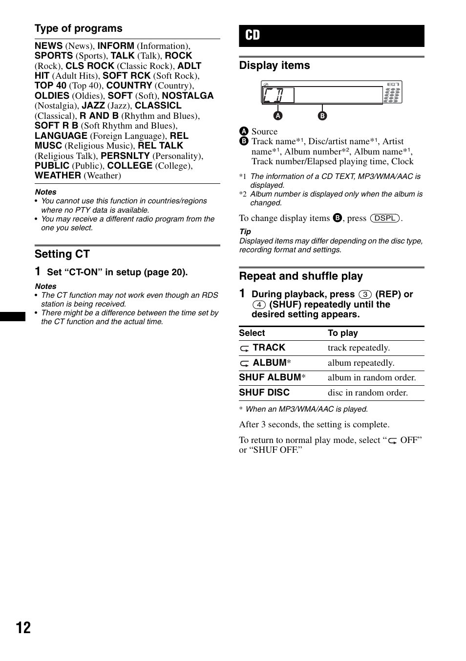 Setting ct, Display items, Repeat and shuffle play | Display items repeat and shuffle play | Sony CXS-GT5516F User Manual | Page 12 / 56