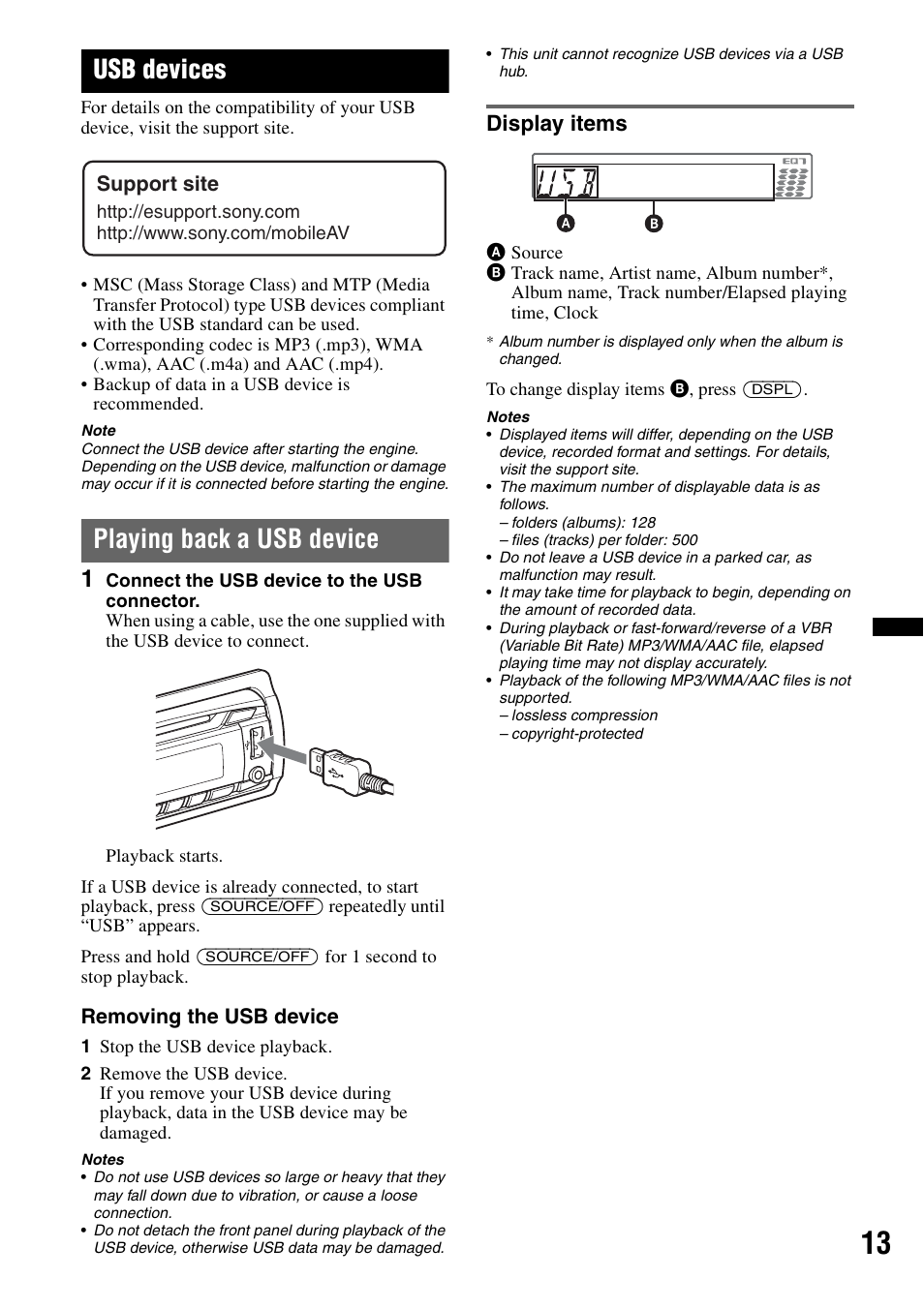 Usb devices, Playing back a usb device, Display items | Sony CXS-GT5516F User Manual | Page 13 / 56