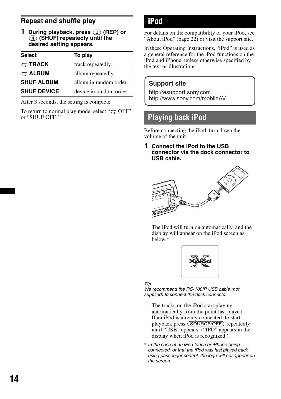 Repeat and shuffle play, Ipod, Playing back ipod | Sony CXS-GT5516F User Manual | Page 14 / 56