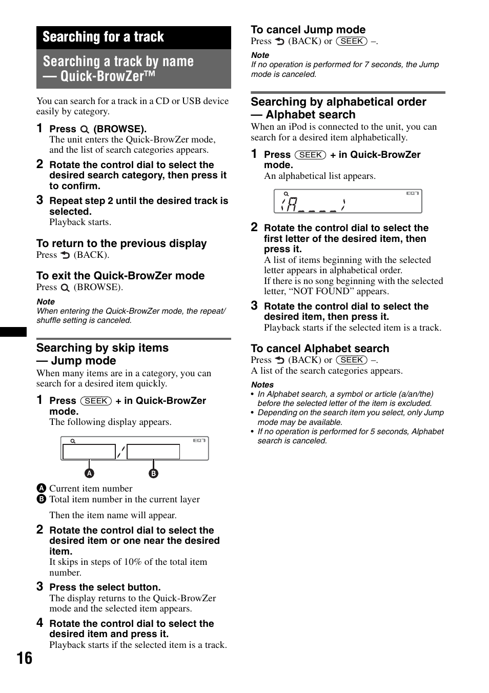 Searching for a track, Searching a track by name - quick-browzer, Searching by skip items - jump mode | Searching by alphabetical order - alphabet search, Searching a track by name — quick-browzer | Sony CXS-GT5516F User Manual | Page 16 / 56