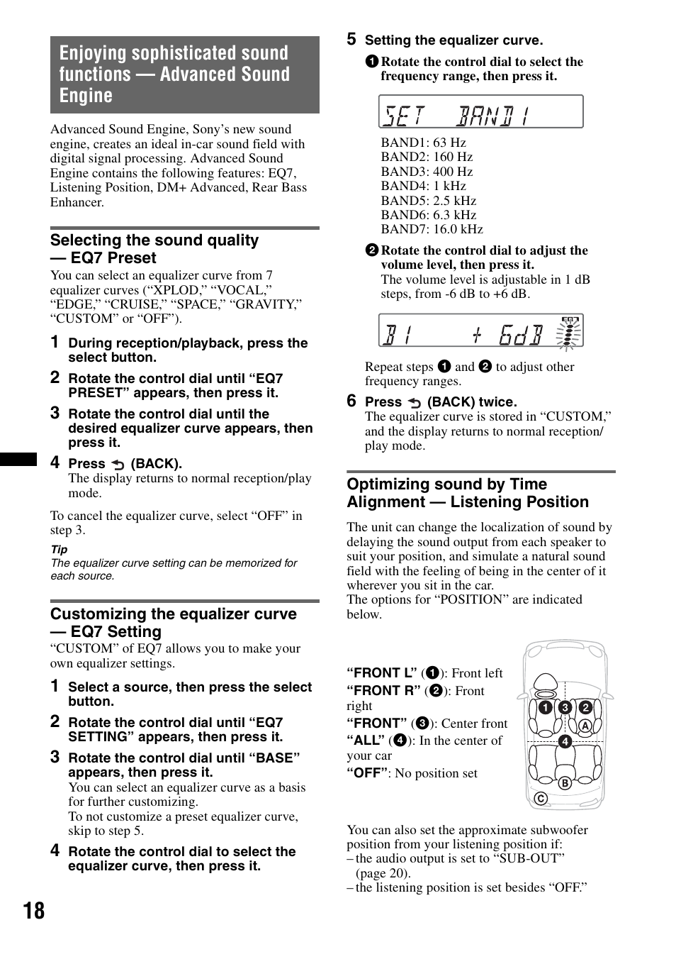 Selecting the sound quality - eq7 preset, Customizing the equalizer curve - eq7 setting | Sony CXS-GT5516F User Manual | Page 18 / 56