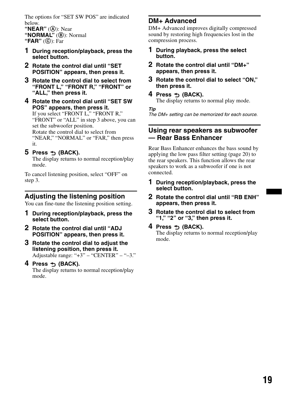 Adjusting the listening position, Dm+ advanced | Sony CXS-GT5516F User Manual | Page 19 / 56