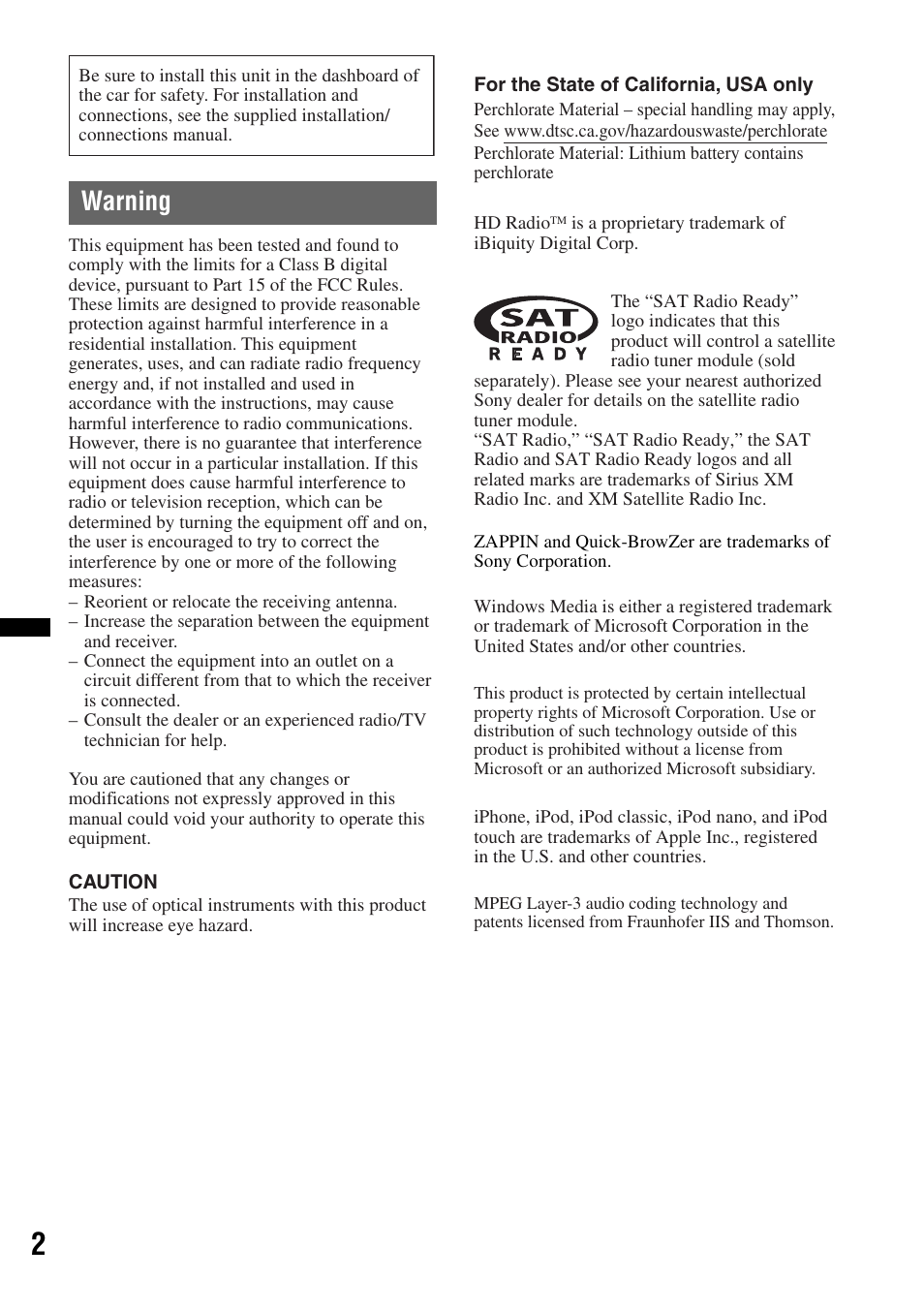 Warning | Sony CXS-GT5516F User Manual | Page 2 / 56