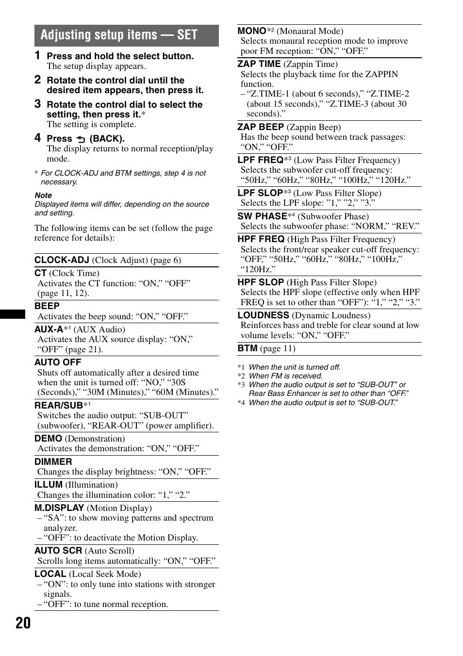 Adjusting setup items - set, Adjusting setup items — set | Sony CXS-GT5516F User Manual | Page 20 / 56