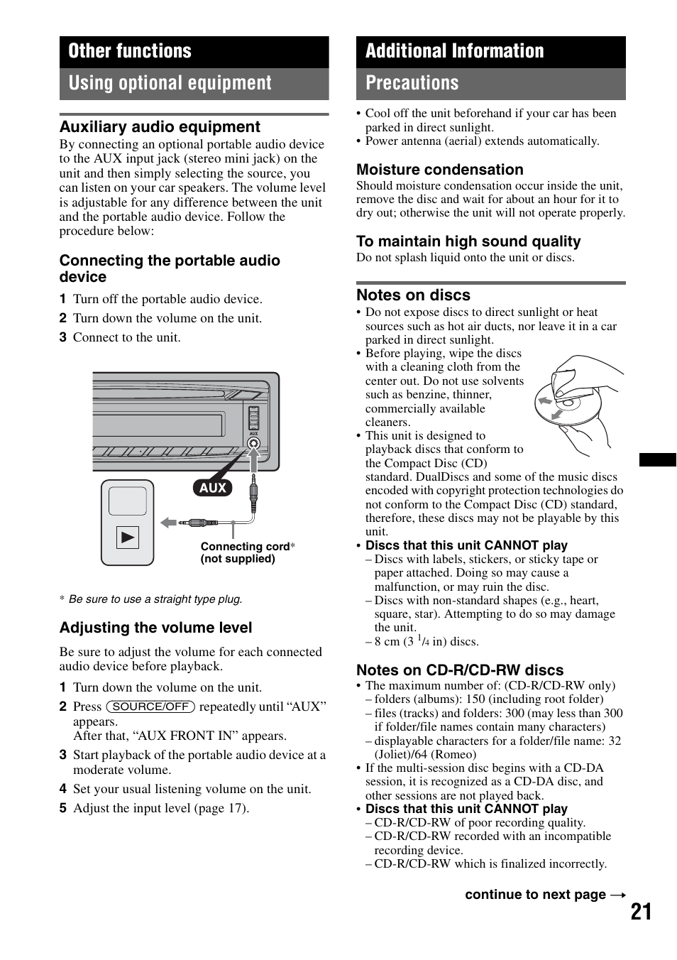 Other functions, Using optional equipment, Auxiliary audio equipment | Additional information, Precautions, Notes on discs, Other functions using optional equipment, Additional information precautions | Sony CXS-GT5516F User Manual | Page 21 / 56