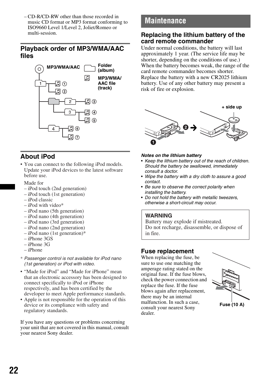 Playback order of mp3/wma/aac files, About ipod, Maintenance | Playback order of mp3/wma/aac files about ipod | Sony CXS-GT5516F User Manual | Page 22 / 56