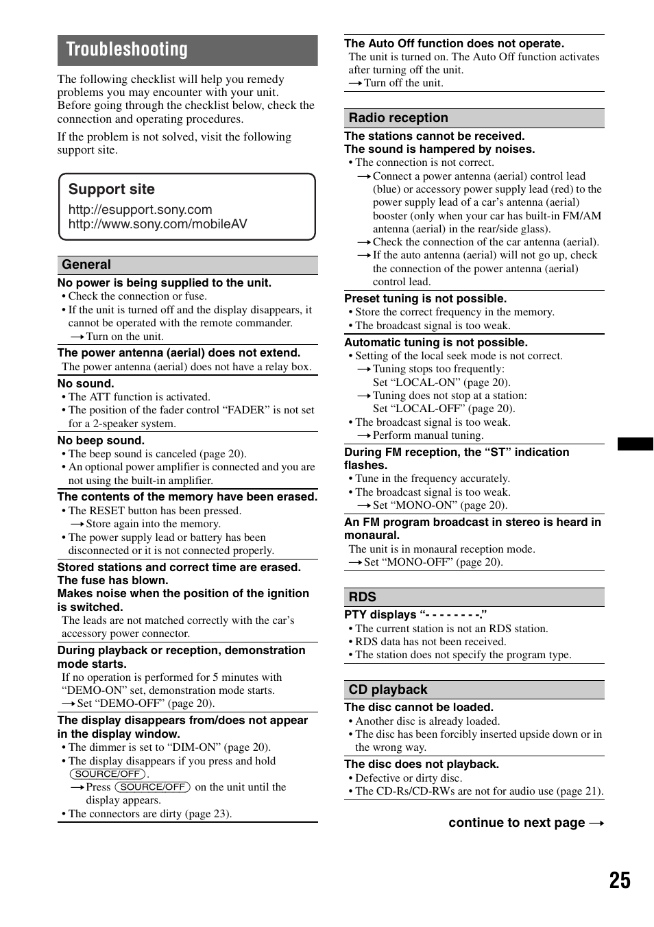 Troubleshooting, Support site | Sony CXS-GT5516F User Manual | Page 25 / 56