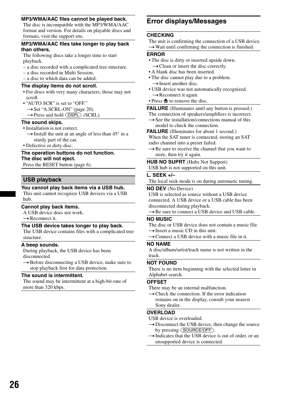 Error displays/messages | Sony CXS-GT5516F User Manual | Page 26 / 56