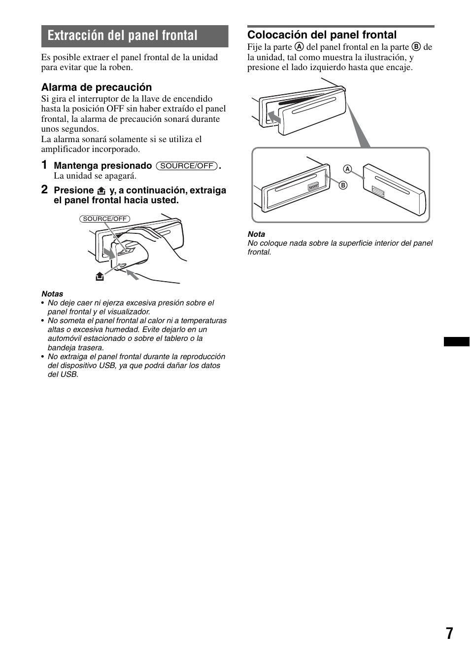 Extracción del panel frontal, Colocación del panel frontal | Sony CXS-GT5516F User Manual | Page 33 / 56