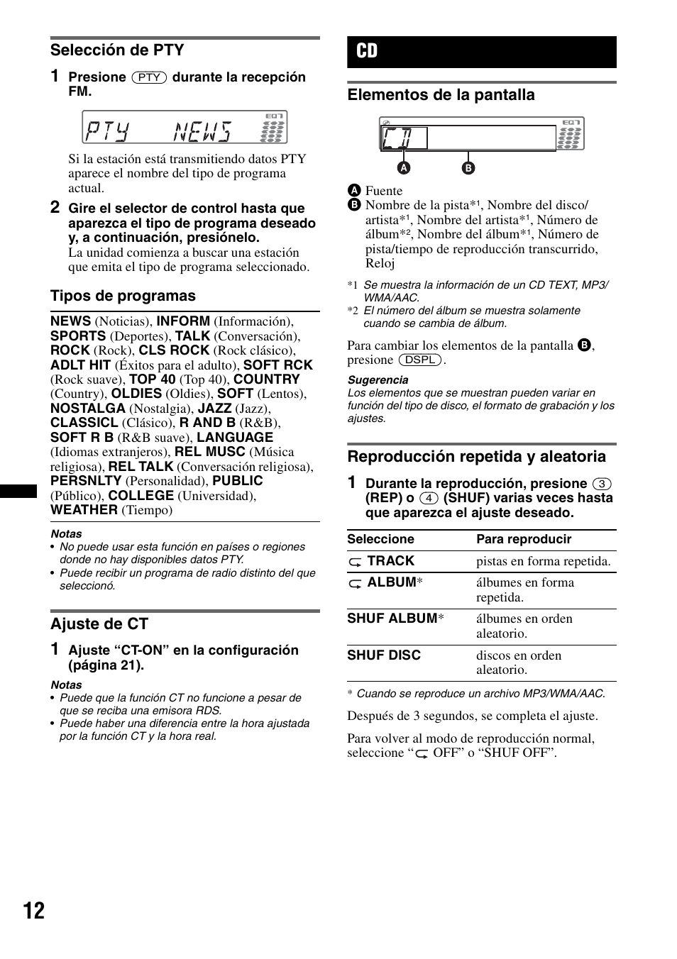 Selección de pty, Ajuste de ct, Elementos de la pantalla | Reproducción repetida y aleatoria, Selección de pty ajuste de ct | Sony CXS-GT5516F User Manual | Page 38 / 56