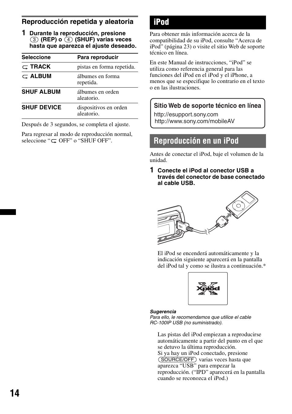 Reproducción repetida y aleatoria, Ipod, Reproducción en un ipod | Sony CXS-GT5516F User Manual | Page 40 / 56