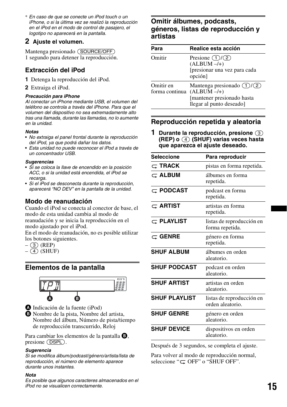 Elementos de la pantalla, Reproducción repetida y aleatoria | Sony CXS-GT5516F User Manual | Page 41 / 56