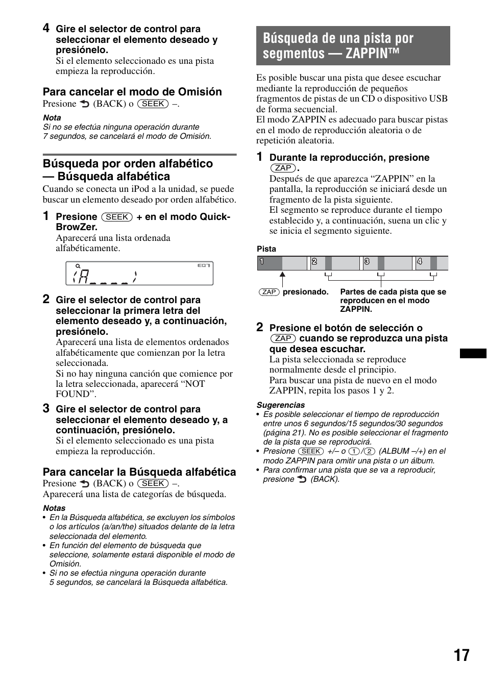Búsqueda de una pista por segmentos - zappin, Búsqueda de una pista por segmentos — zappin | Sony CXS-GT5516F User Manual | Page 43 / 56