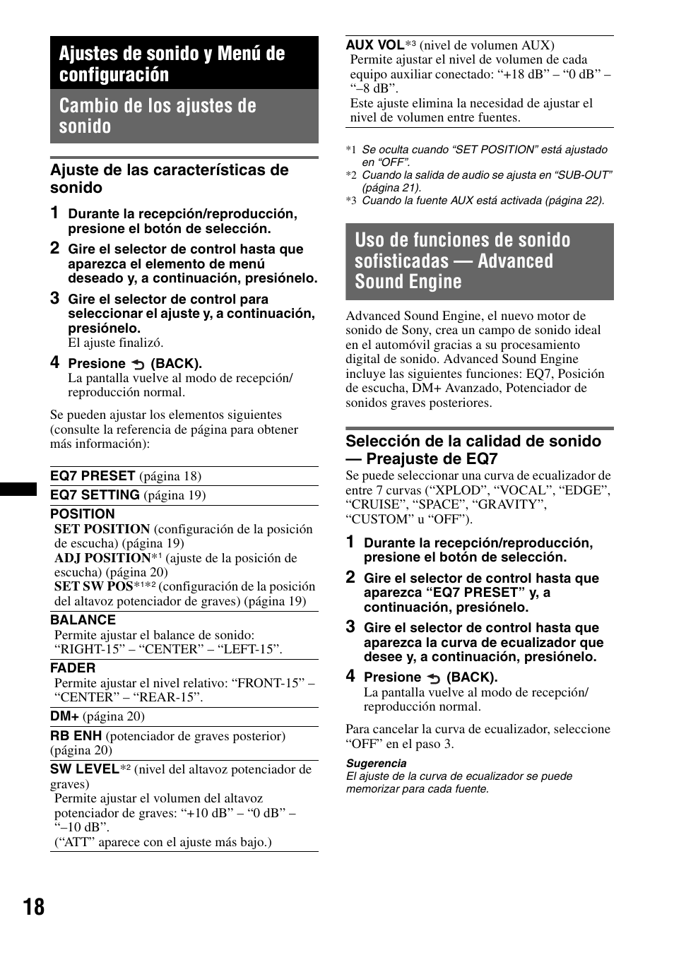 Ajustes de sonido y menú de configuración, Cambio de los ajustes de sonido, Ajuste de las características de sonido | Sony CXS-GT5516F User Manual | Page 44 / 56