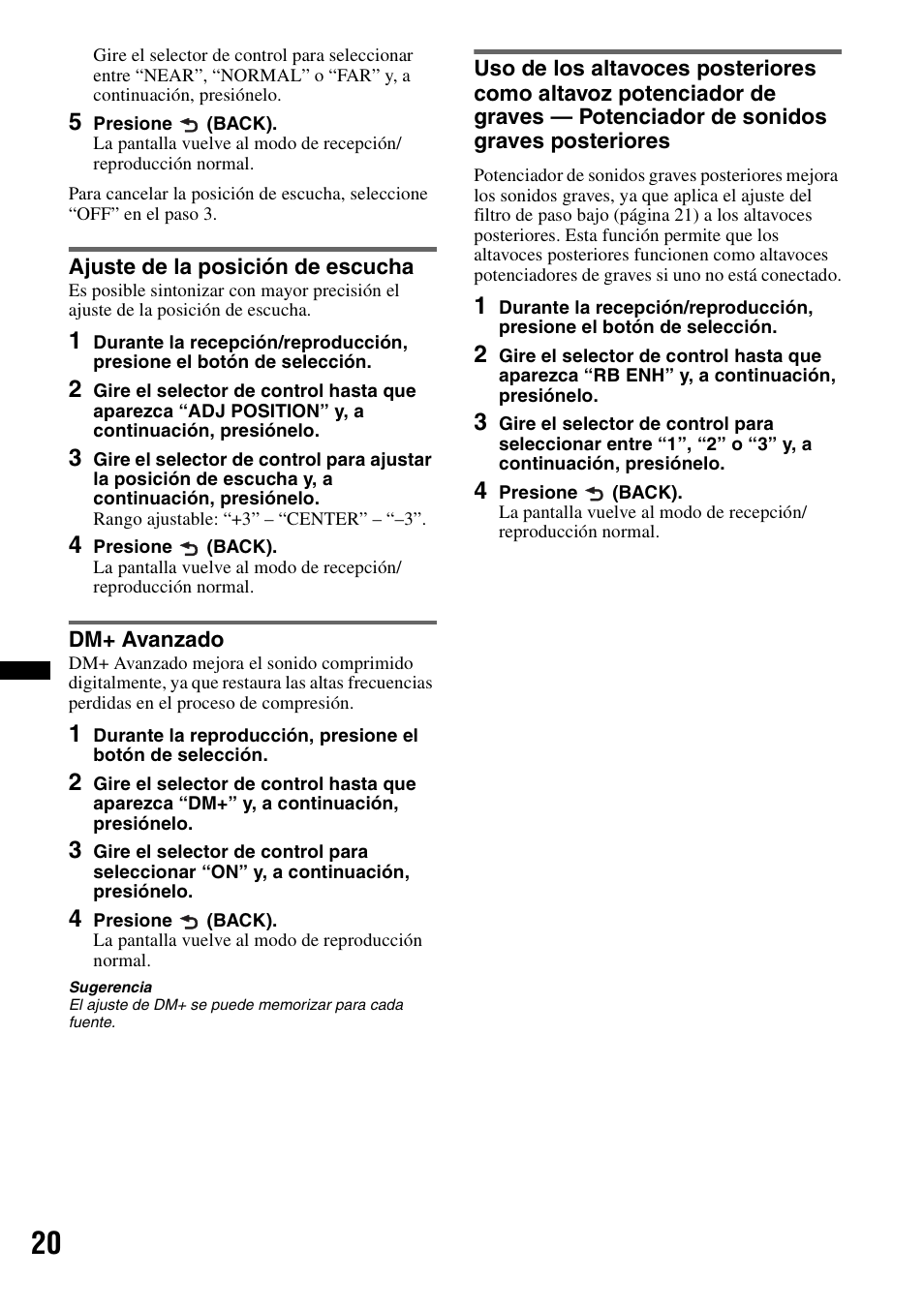 Ajuste de la posición de escucha, Dm+ avanzado | Sony CXS-GT5516F User Manual | Page 46 / 56