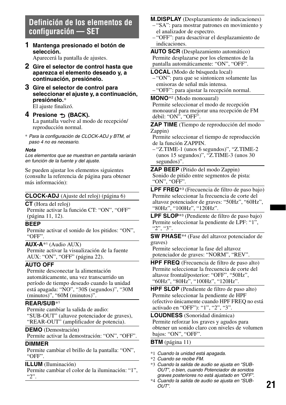 Definición de los elementos de configuración - set, Definición de los elementos de configuración — set | Sony CXS-GT5516F User Manual | Page 47 / 56