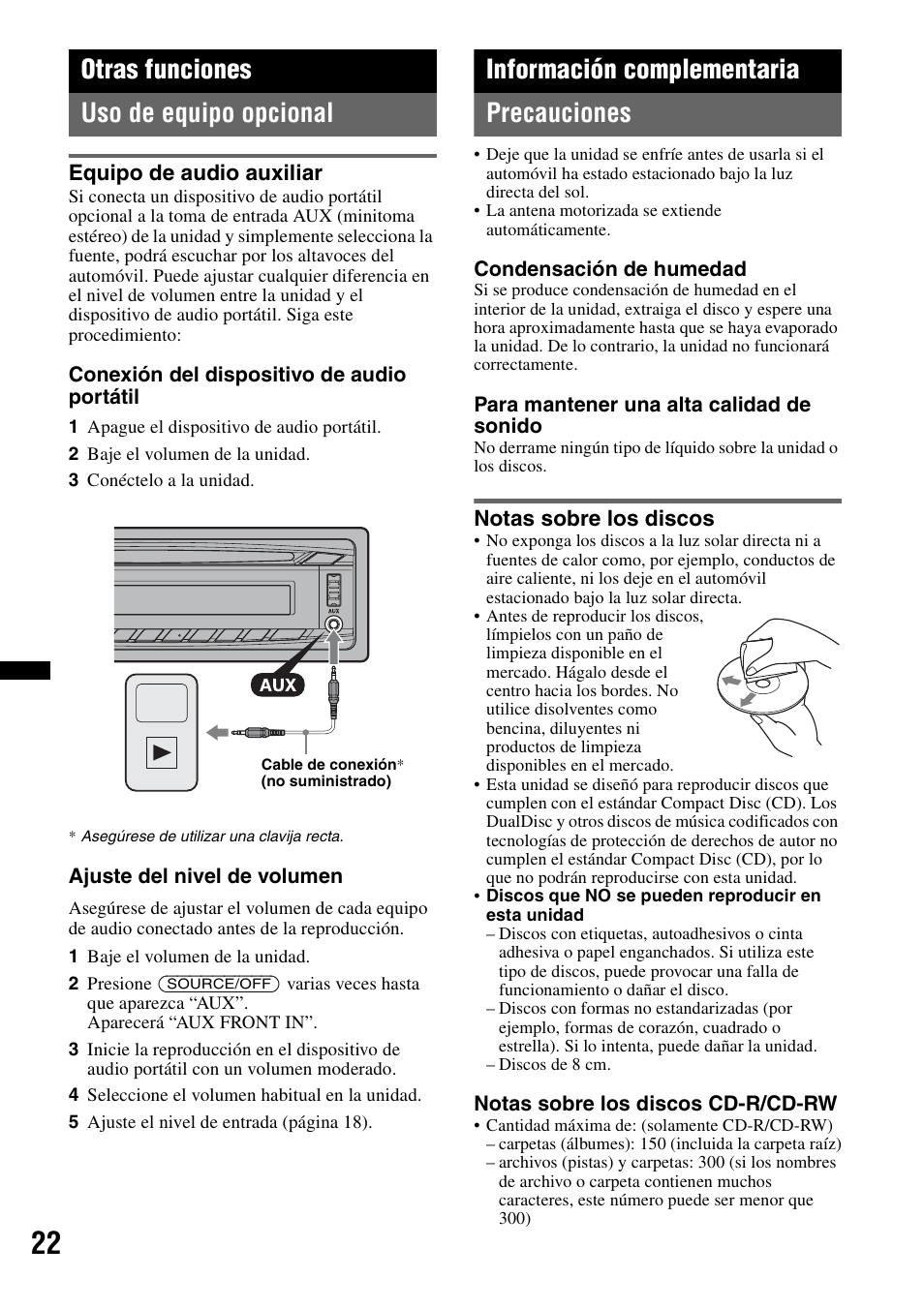 Otras funciones, Uso de equipo opcional, Equipo de audio auxiliar | Información complementaria, Precauciones, Notas sobre los discos, Otras funciones uso de equipo opcional, Información complementaria precauciones | Sony CXS-GT5516F User Manual | Page 48 / 56