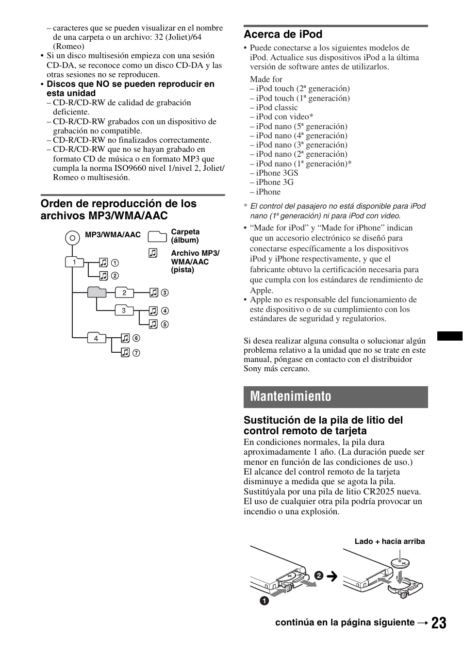 Orden de reproducción de los archivos mp3/wma/aac, Acerca de ipod, Mantenimiento | Sony CXS-GT5516F User Manual | Page 49 / 56