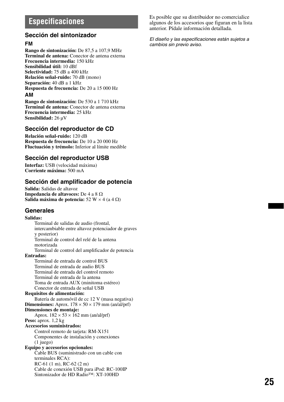 Especificaciones | Sony CXS-GT5516F User Manual | Page 51 / 56