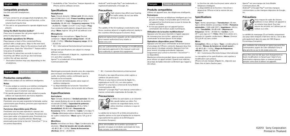 2013 sony corporation printed in thailand | Sony MDR-ZX310AP User Manual | Page 2 / 2