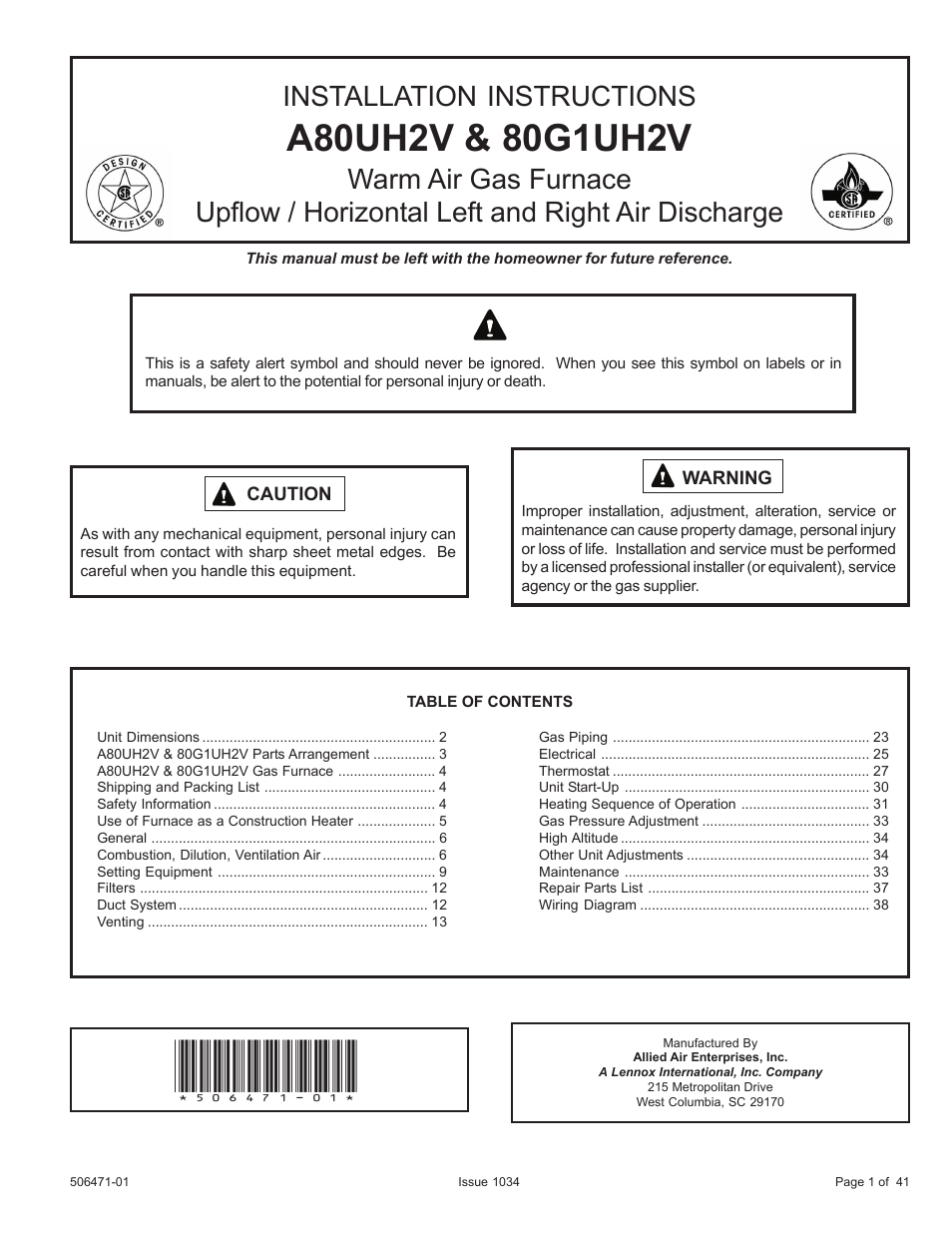 Allied Air Enterprises A80UH2V User Manual | 41 pages