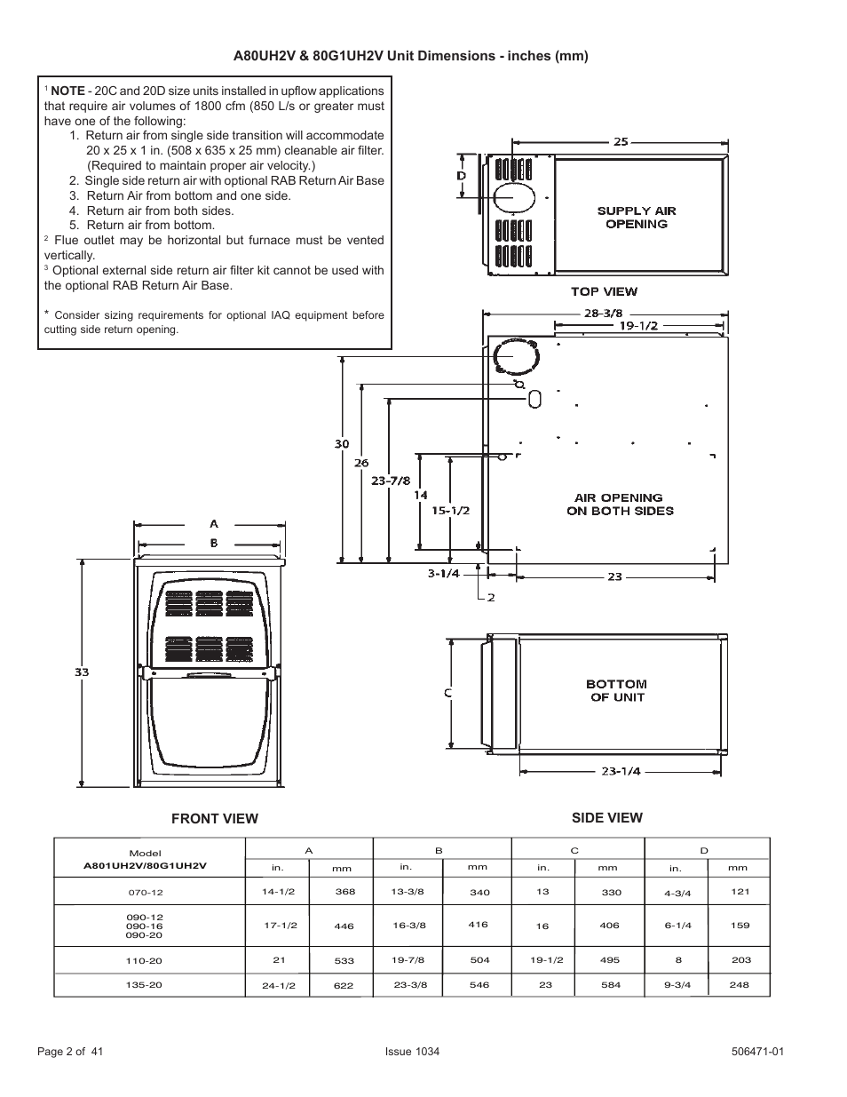 Front view side view | Allied Air Enterprises A80UH2V User Manual | Page 2 / 41