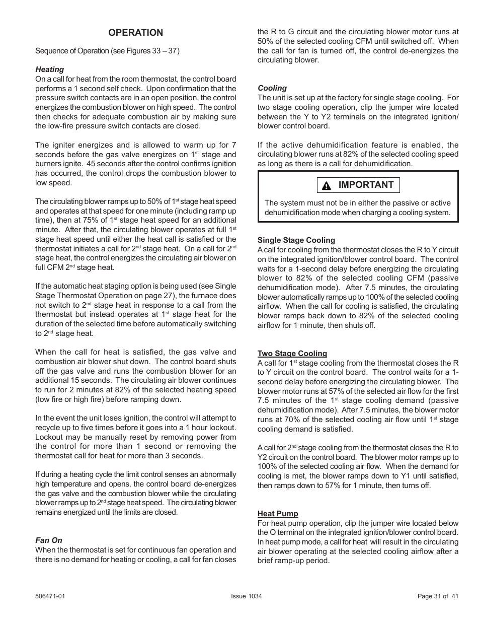 Operation, Important | Allied Air Enterprises A80UH2V User Manual | Page 31 / 41