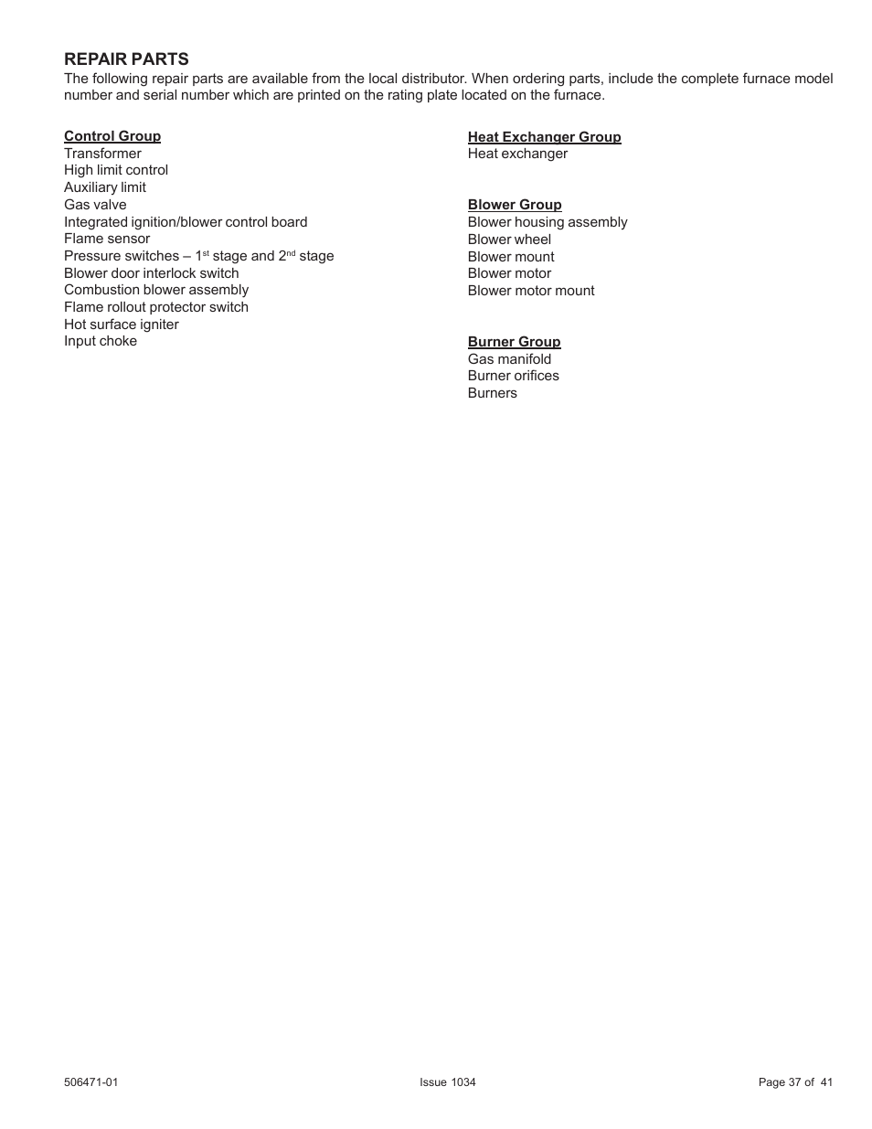 Repair parts | Allied Air Enterprises A80UH2V User Manual | Page 37 / 41